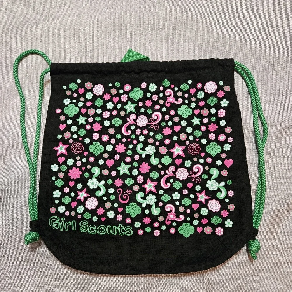 Girl Scouts Drawstring Bag Black Canvas Pink Green Floral Stars‎ Print Washable